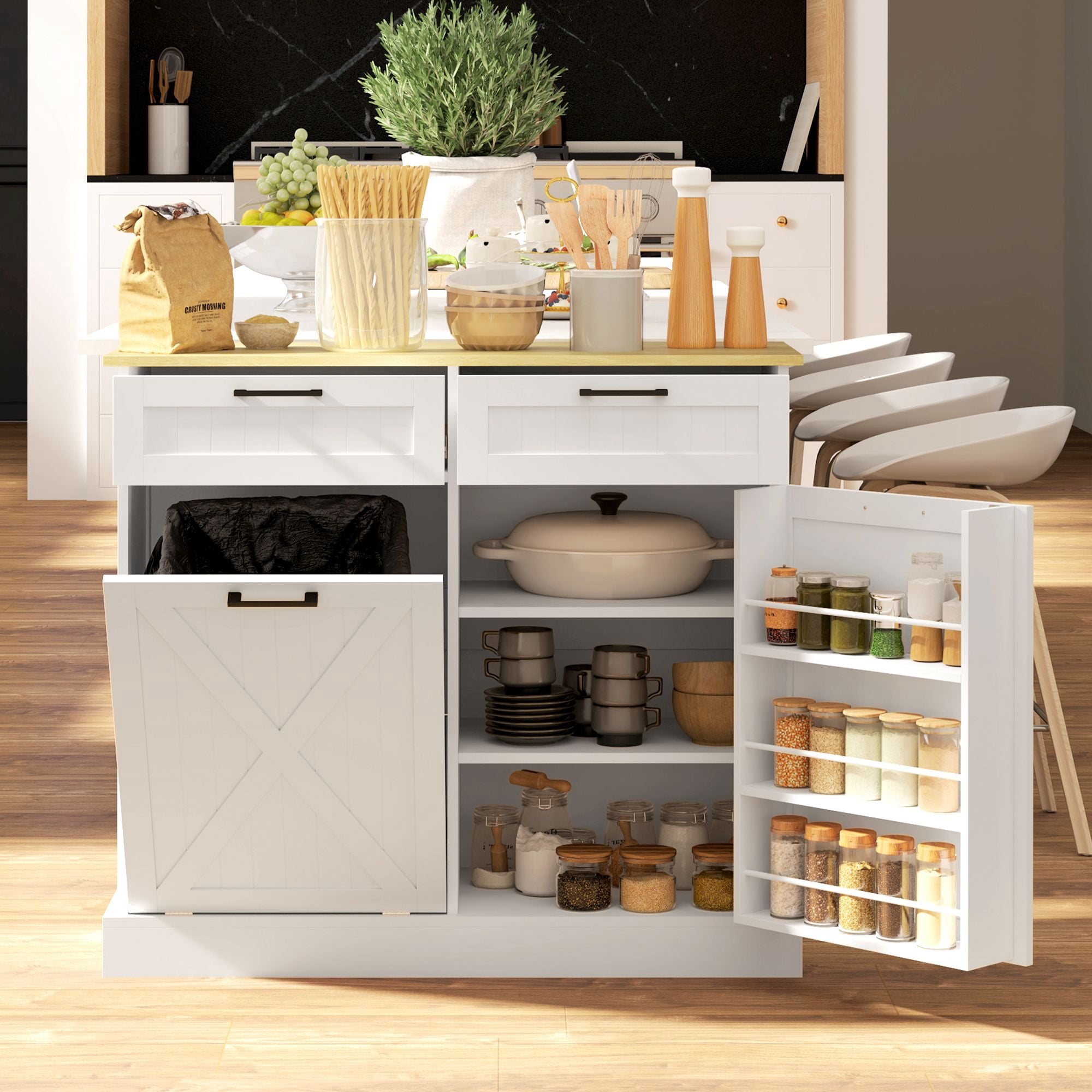 Tilt Out Trash Can Cabinet with 10 Gallon Hidden Trash Can, 2 Drawers, Spice Rack, for Kitchen