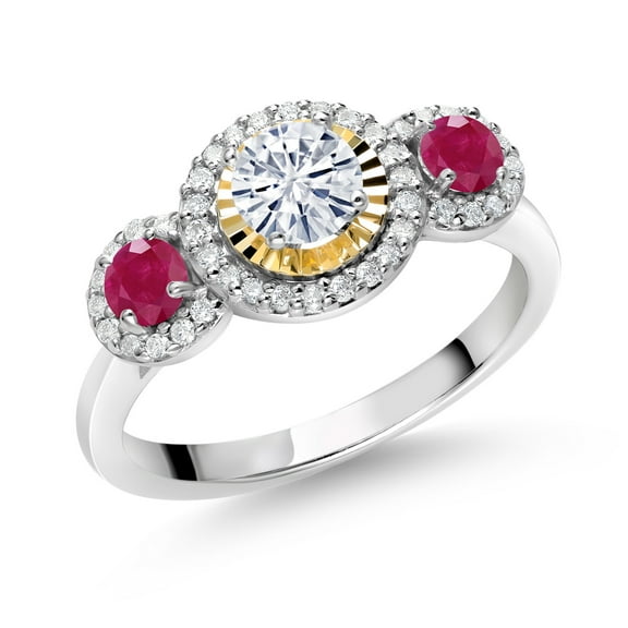 Gem Stone King 925 Silver and 10K Yellow Gold Red Ruby Lab Grown Diamond 3 Stone Women Engagement Ring Set with Moissanite (0.85 Cttw, Size 7)