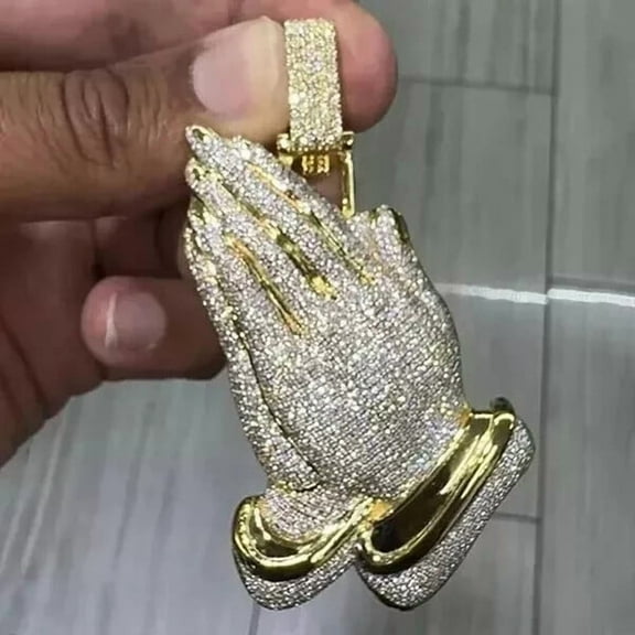 Men's Praying Hands Pendant 3Ct Round Lab-Created Diamond 14k Yellow Gold Plated