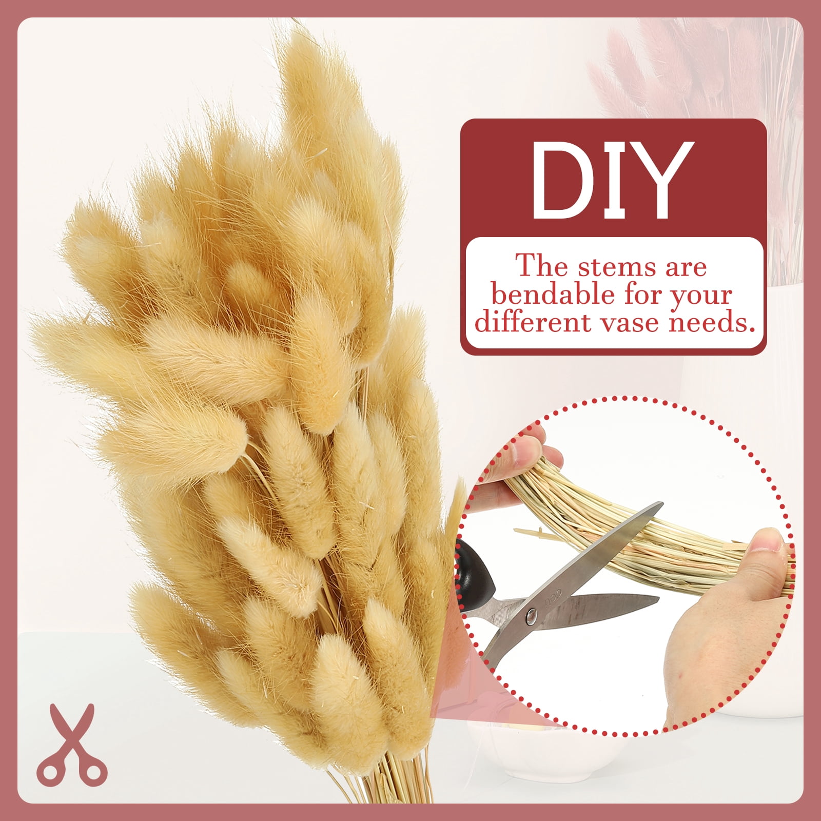 Uxcell 15.7in Bunny Tails Dried Flowers, 150pcs Pampas Grass Decor Rabbit Tail Natural Pampas Grass Bulk Fluffy Faux Pampas Grass Small Dried, Beige