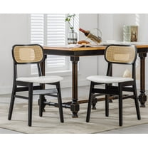 Dayalane Farmhouse Rattan Dining Chairs Set of 2, Mid Century Modern Kitchen Chairs, Faux Leather Cushioned Wooden Side Chairs with Wicker Curved Back for Dining Room Kitchen Lounge, White