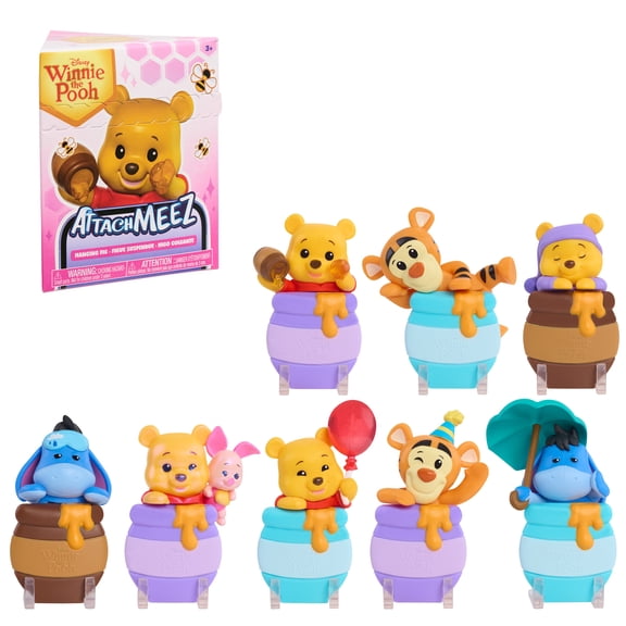 Disney Winnie the Pooh Attachmeez Blind Box Collectible Figure with Display Stand, Hangs off Books, Phones & More