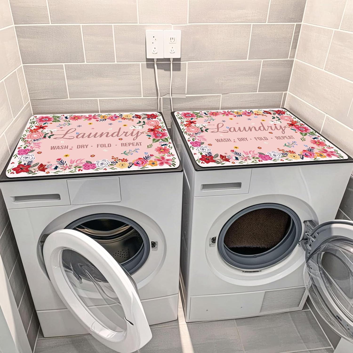 Non-Slip Washer & Dryer Top Cover Protector Mat Dust-Proof Washing Machine Cover Pad With Pink Floral Laundry Sign Design Universal 23.6"x19.7" for Laundry Room & Kitchen Decor
