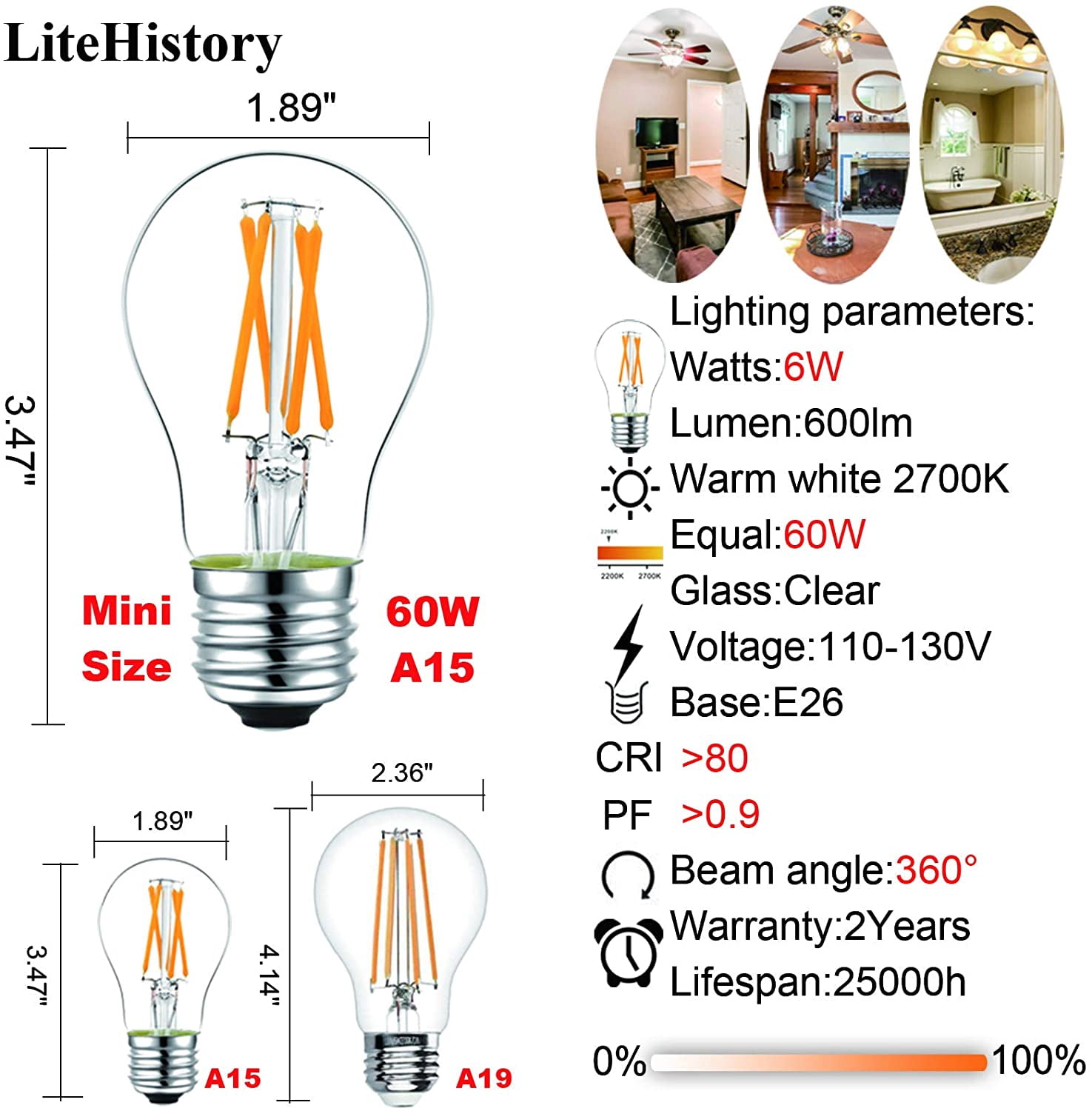 Dimmable  led Bulb 6W Equal 60 watt Vintage LED Edison Bulb AC120V  LED Bulb for Ceiling Fan Light Bulbs,Appliance Bulb and Refrigerator Light Bulb 600LM Clear Medium
