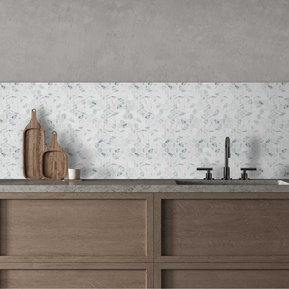 The Tile Life Eterna Hex 4" x 4" Calacatta Blue Glass Mosaic Tile Sample 1 Piece