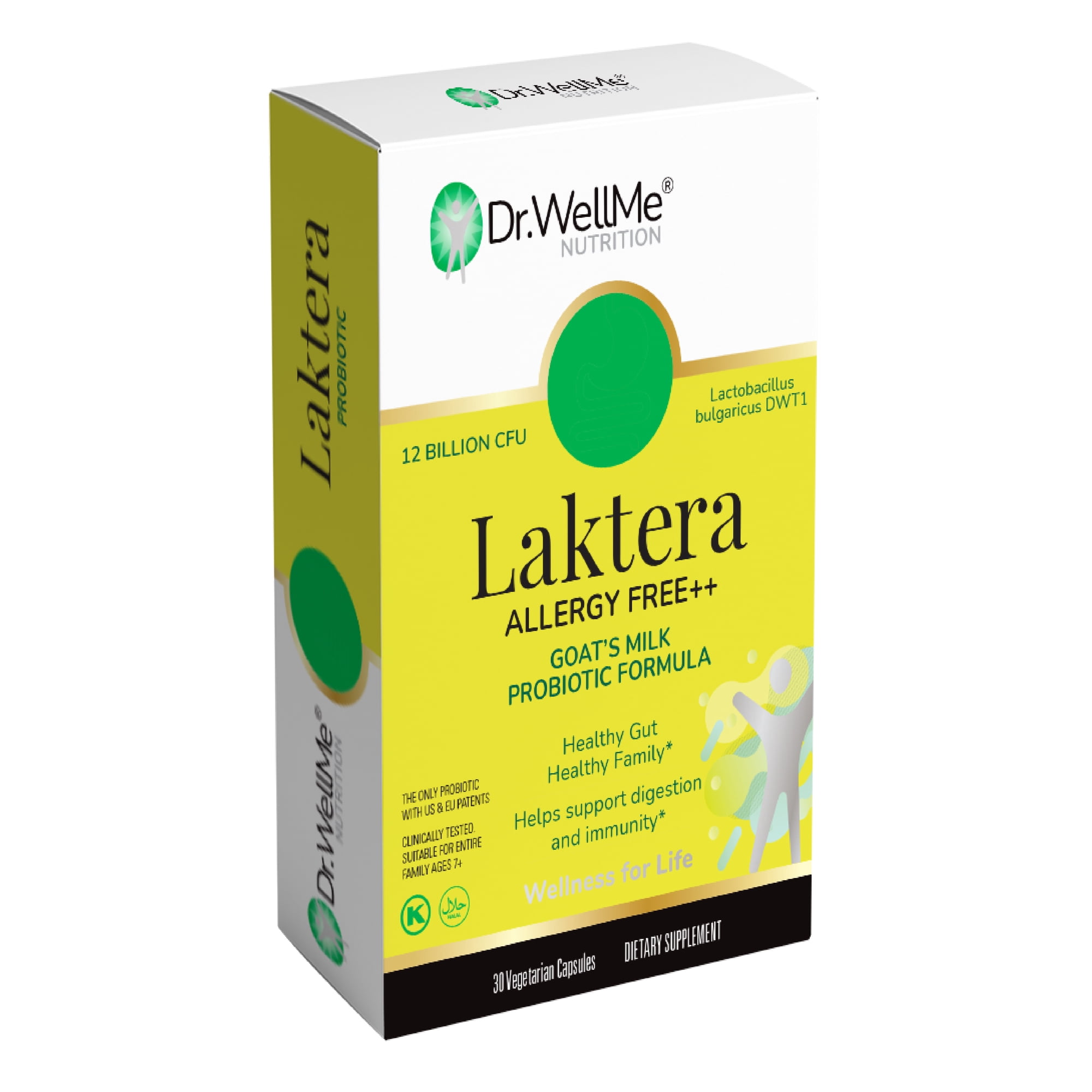Dr. WellMe Laktera Allergy Free ++ Probiotics for Digestive Health, Immune Support & Gut Health Supplements - Low Lactose Goat’s Milk Probiotic Formula for Women & Men 30 Capsules