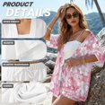 thumbnail image 6 of FKEKYI Womens 2 Pcs Short Set Open Front Shirt Top Summer Outfits Shorts with Elastic Waist Pink Hibiscus Floral Leaf Print Beachwear Breathable Lounge Set Resort Wear, S, 6 of 7