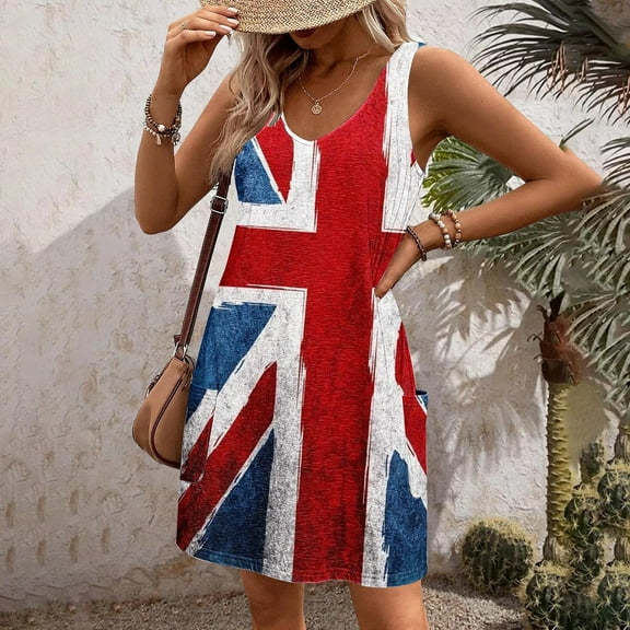 Ayolanni Independence Day Women Dresses Plus Knee-Length V-Neck Red Sleeveless Vacation Dresses Junior Dresses L