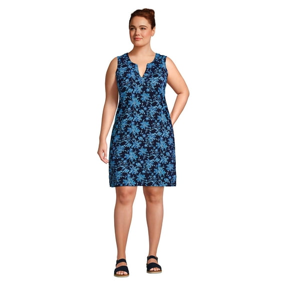Lands' End Women's Plus Size Cotton Jersey Sleeveless Swim Cover-up Dress Print