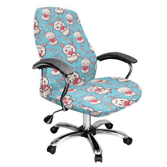 SCRAWLGOD Alpaca Rainbow Love Blue Valentine's Day Stretchy Cover for Office Chair Seat Breathable Computer Desk Chair Seat Covers Dustproof High Back Chair Slipcover, S