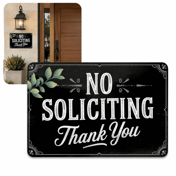 No Soliciting Thank You Metal Sign, 7.9 x 11.8 in Black Wall Plaque for Front Door Porch Home Office Room Decor