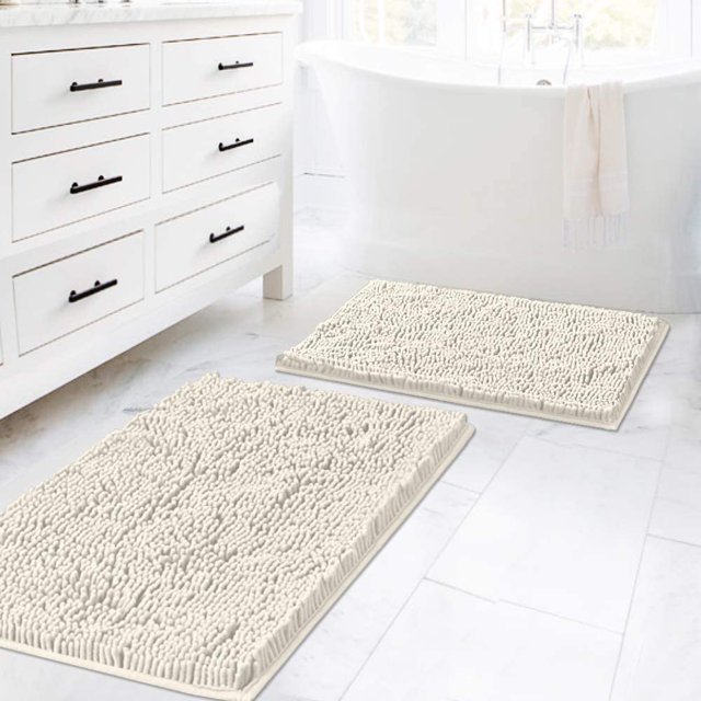 Juego de 2 alfombrillas de baño de chenilla supergruesas y suaves, lavables a máquina, juego de alfombrillas de baño absorbentes de agua de secado rápido, color negro (paquete de 2 a 20 x 32 pulgadas/17 x 24 pulgadas), color marfil de 20 x 32 pulgadas Plus 17 x 24