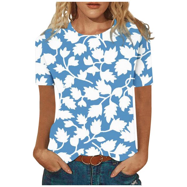 Pompotops Blouse Mode Femme Manches Courtes Col Rond Rétro Imprimé Ample Manches Trois-Quarts