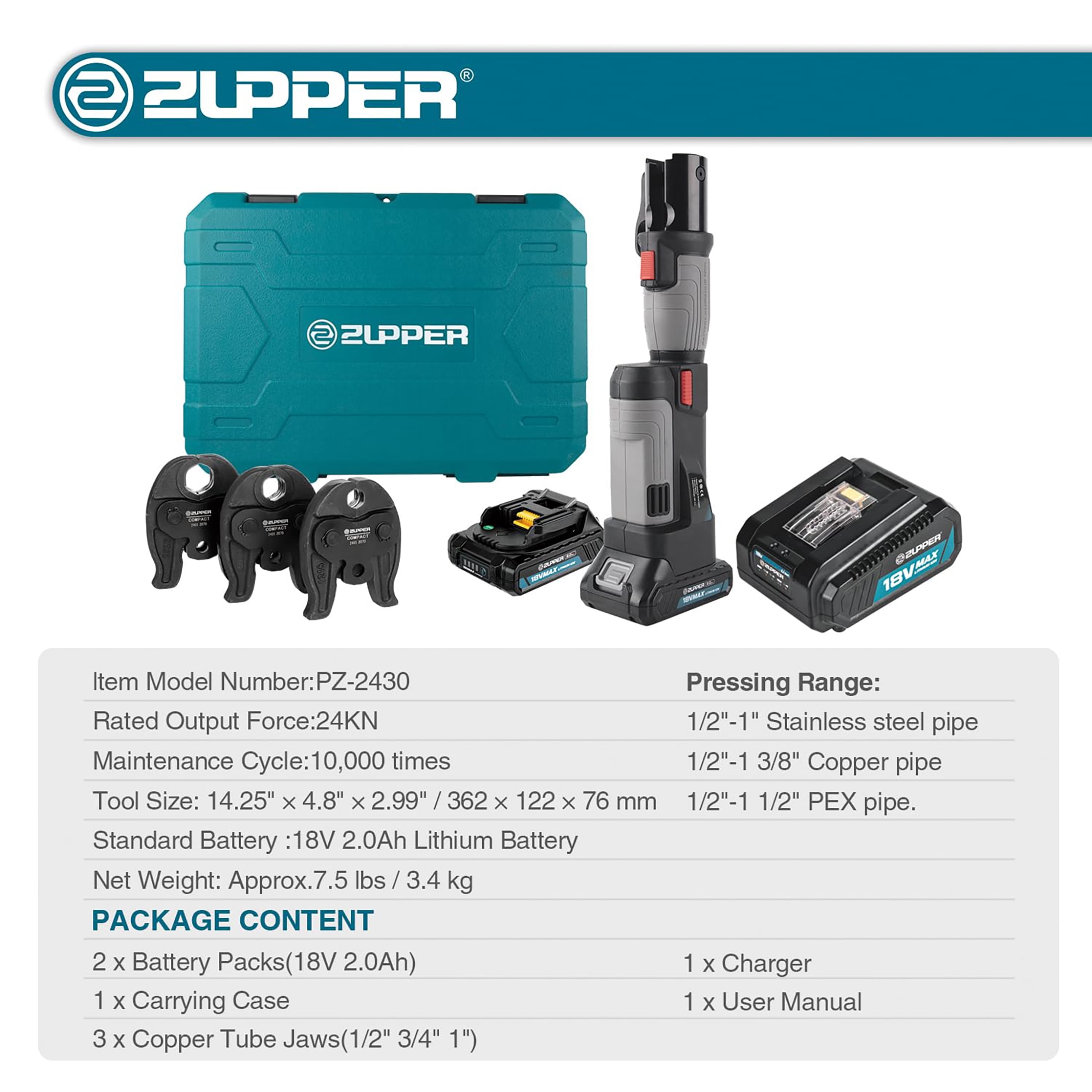ZUPPER Compact Press Tool Kit with 1/2", 3/4", 1" ProPress Jaws for Copper Pipes, 2pcs Battery, Fast Charger & Carrying Case