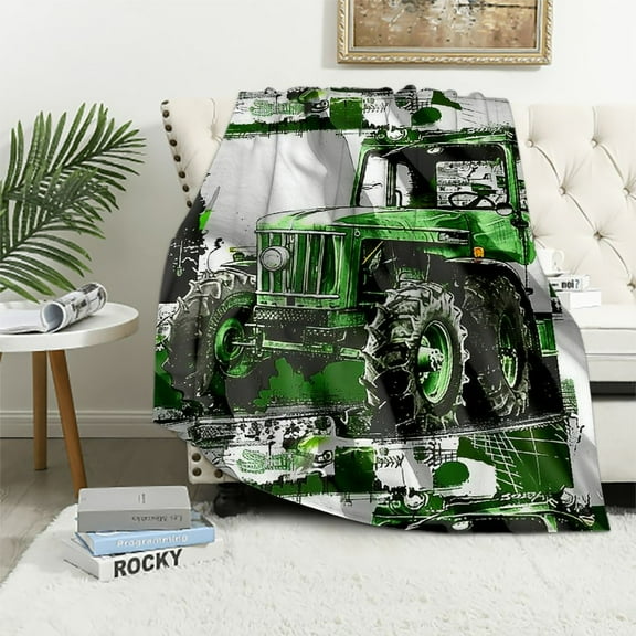 Green Tractor Blanket  Farm Vehicle Truck Throw Blanket Cartoon Equipment Construction Harvester Fleece Blanket for Kids Boys Car Bed Blanket Bedroom Decor,Grey