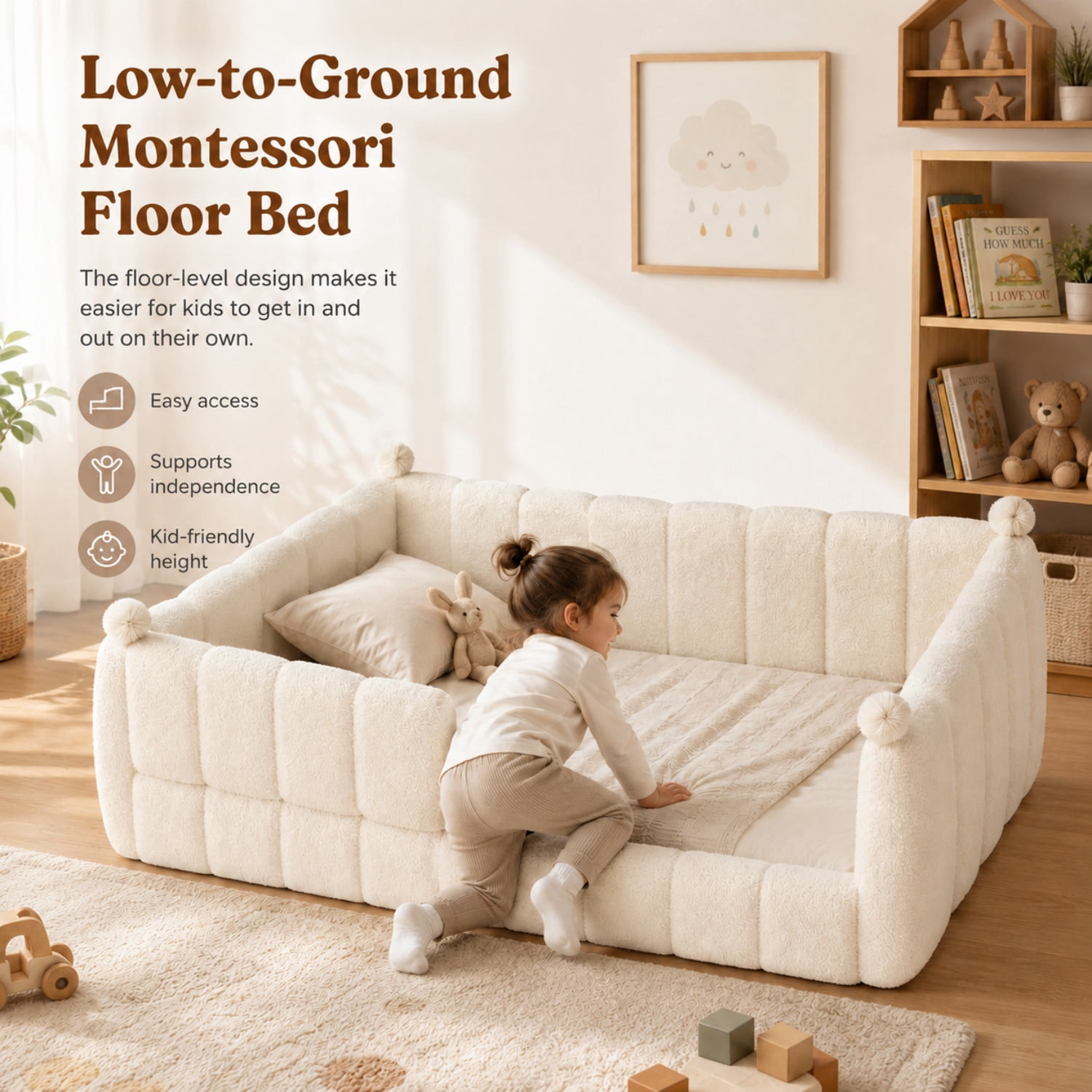 Miniyam Twin Size Kids Floor Bed with Soft Upholstered Guardrails, Low-to-Ground Montessori Bed Frame, Beige