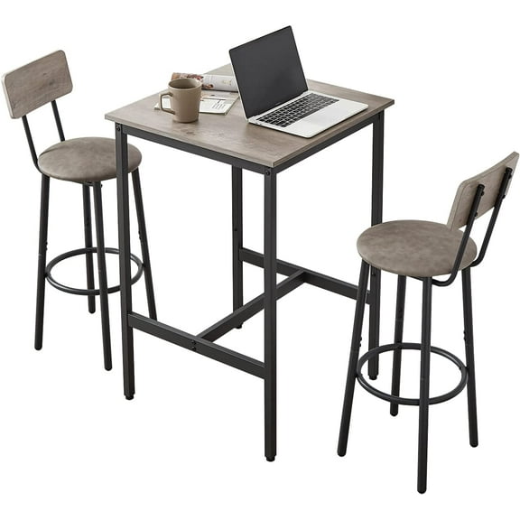 Modern Square Bar Table and Chair Set for 2 Counter Height Table and Stools with Backrest 3 Piece Dining Table Set with PU Seat Chairs for Breakfast Nook Restaurant Apartment Grey