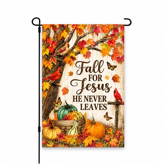Decorative Fall Garden Flag 12x18 Inch with Vibrant Leaves, Pumpkins & Cardinals, Inspirational "Fall for Jesus" Theme for Patio, Yard, Porch Display