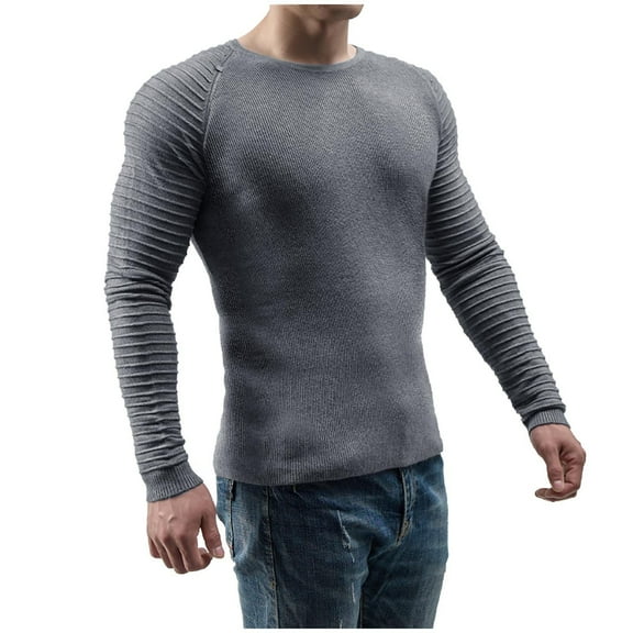 Fesfesfes Long Sleeve Shirt for Men Casual Solid Round Neck Pullover Long Sleeve Sweater Slim Fit Bottoming Knit Top Sale Items