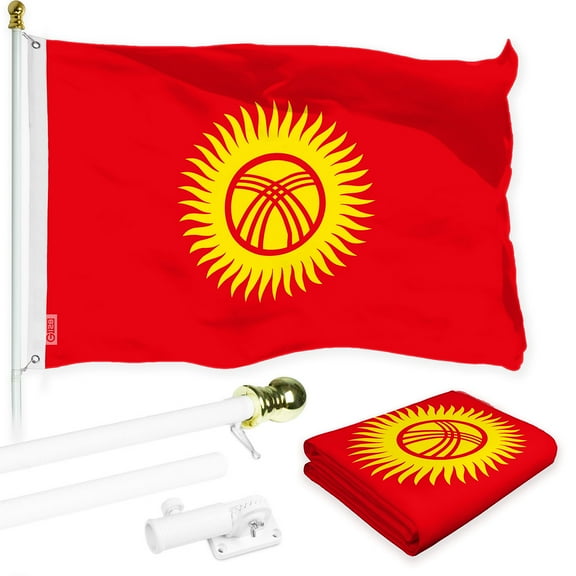 G128 Combo Pack: 6 Ft Tangle Free Spinning Flagpole (White) & Kyrgyzstan Flag 3x5 Ft Printed 150D Polyester, Brass Grommets (Flag Included) Aluminum Flag Pole