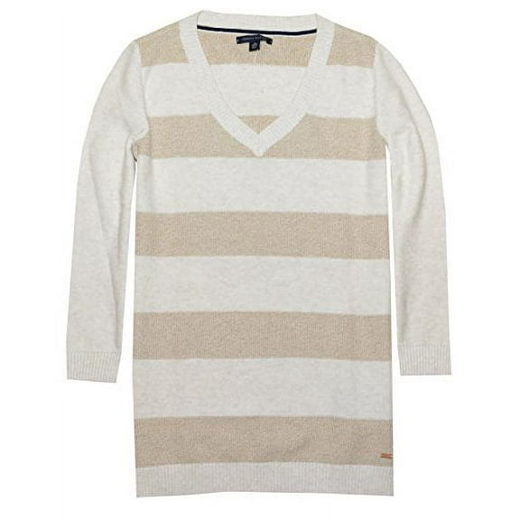 Tommy Hilfiger Women Textured Stripe Pullover Small, Egret Heather/Nut Heather