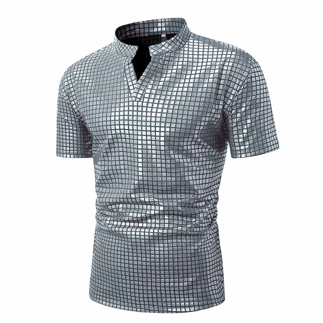 pstuiky Camisas casuales de manga corta para hombre, Camisa de fiesta de discoteca para hombre, color sólido, cuello alto brillante, manga corta ropa de hombre xxl