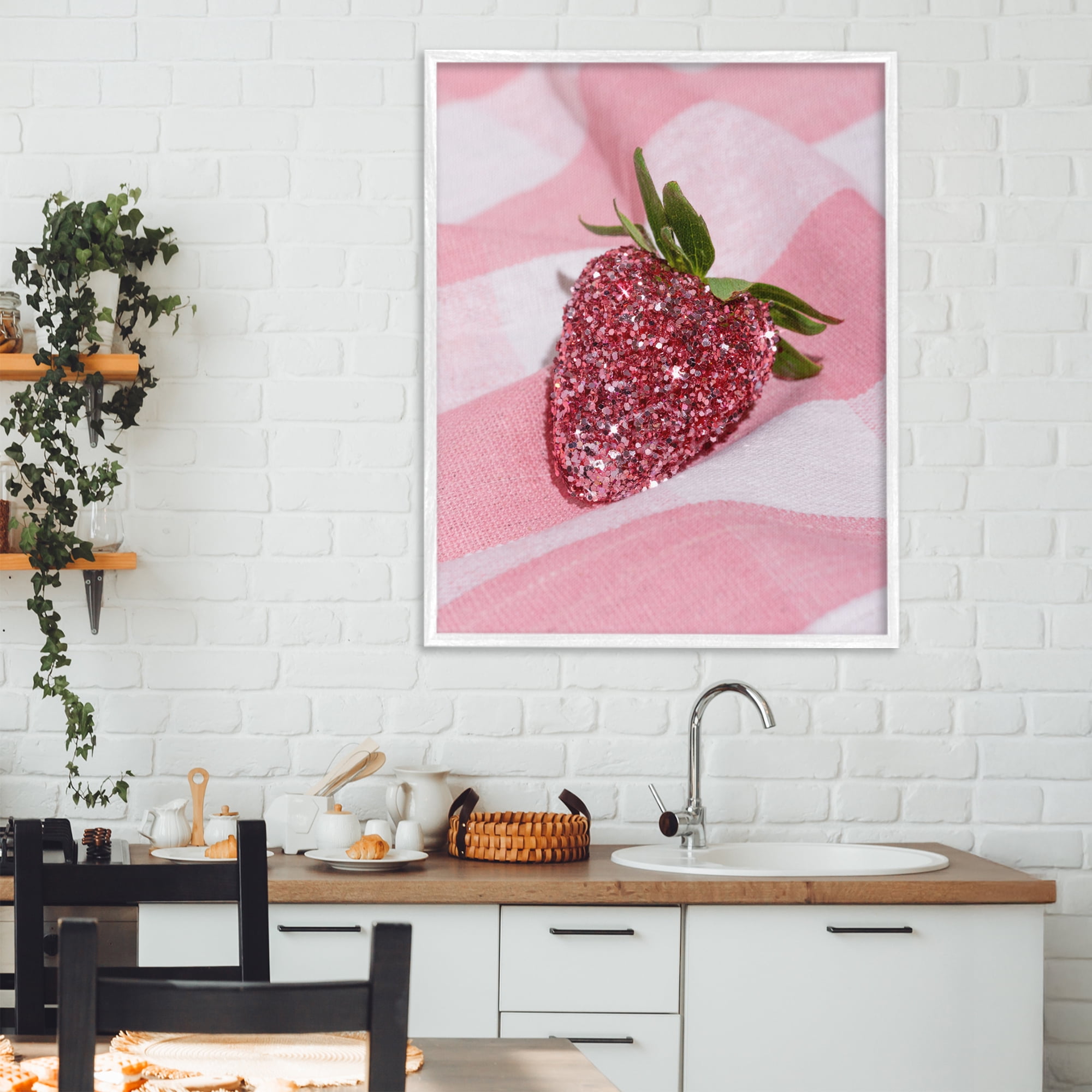 Stupell Industries Glimmer Strawberry on Pink White Framed Giclee Art, design by LISH Creative