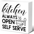 thumbnail image 1 of Wood Box Sign Rustic Kitchen Always Open Self Serve Kitchen Sign Decor Funny Kitchens Farmhouse Kitchen Wooden Box Sin Decor For Home Kitchen Shelf Counter Desk Table Decor 5x5 Inch, 1 of 3