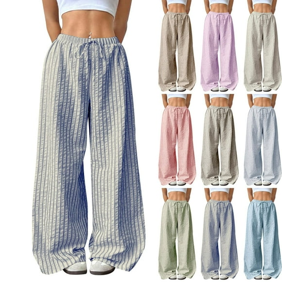 Mid Waist Striped Lace Up Casual Pants, Women's Summer Paperbag Trousers with Pockets, Wide Leg Palazzo Pants, Fashion Streetwear Aesthetic | CSEONE,Black XL