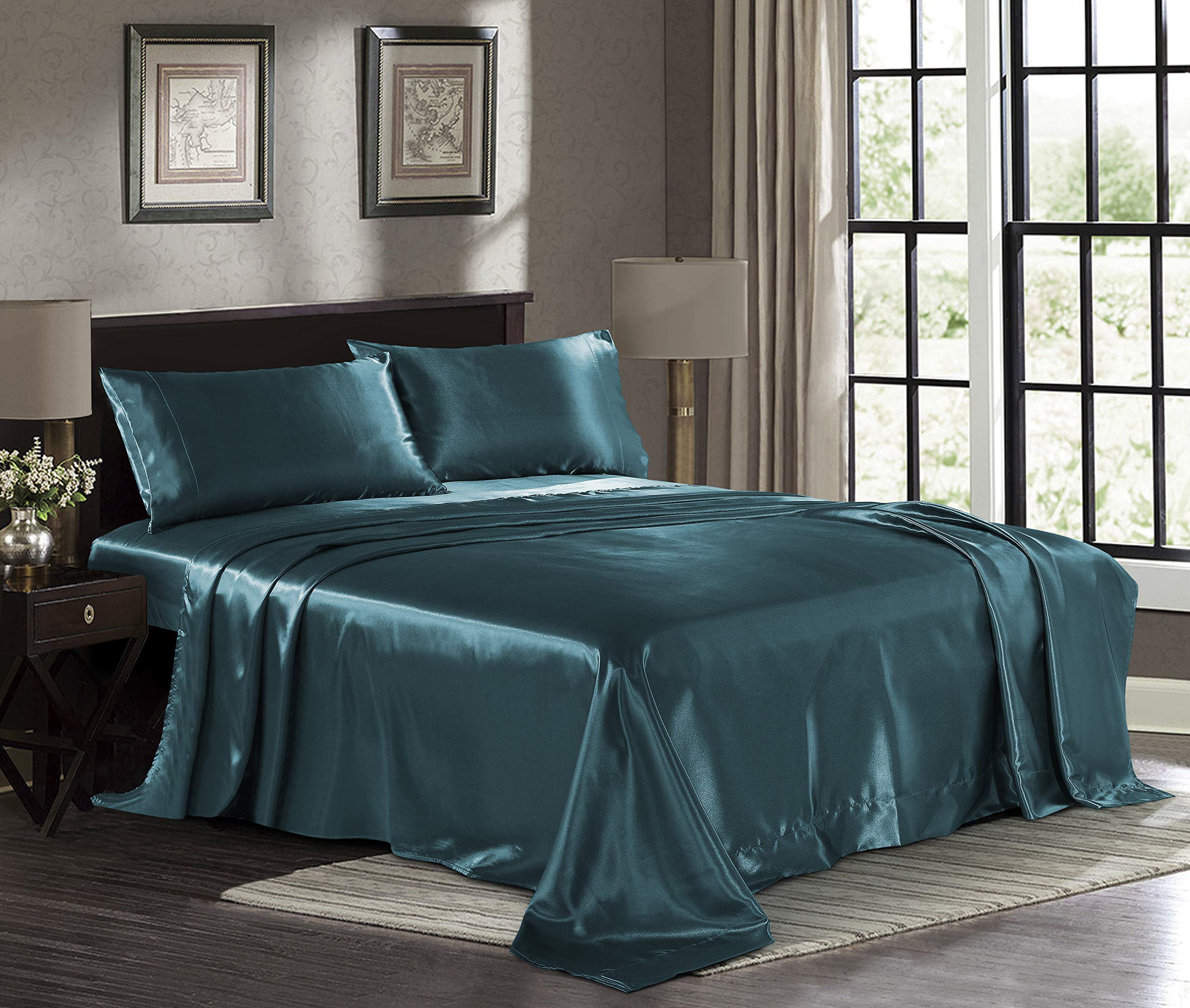 Satin Sheets Full [4Piece, Teal] Hotel Luxury Silky Bed Sheets Extra Soft 1800 Microfiber
