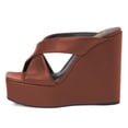 thumbnail image 3 of FSJ Women Wide Cross Strap Wedge High Heeled Mules Open Square Toe Platform Slide Sandals Sexy Cocktail Party Summer Slippers Size 8 Brown, 3 of 5