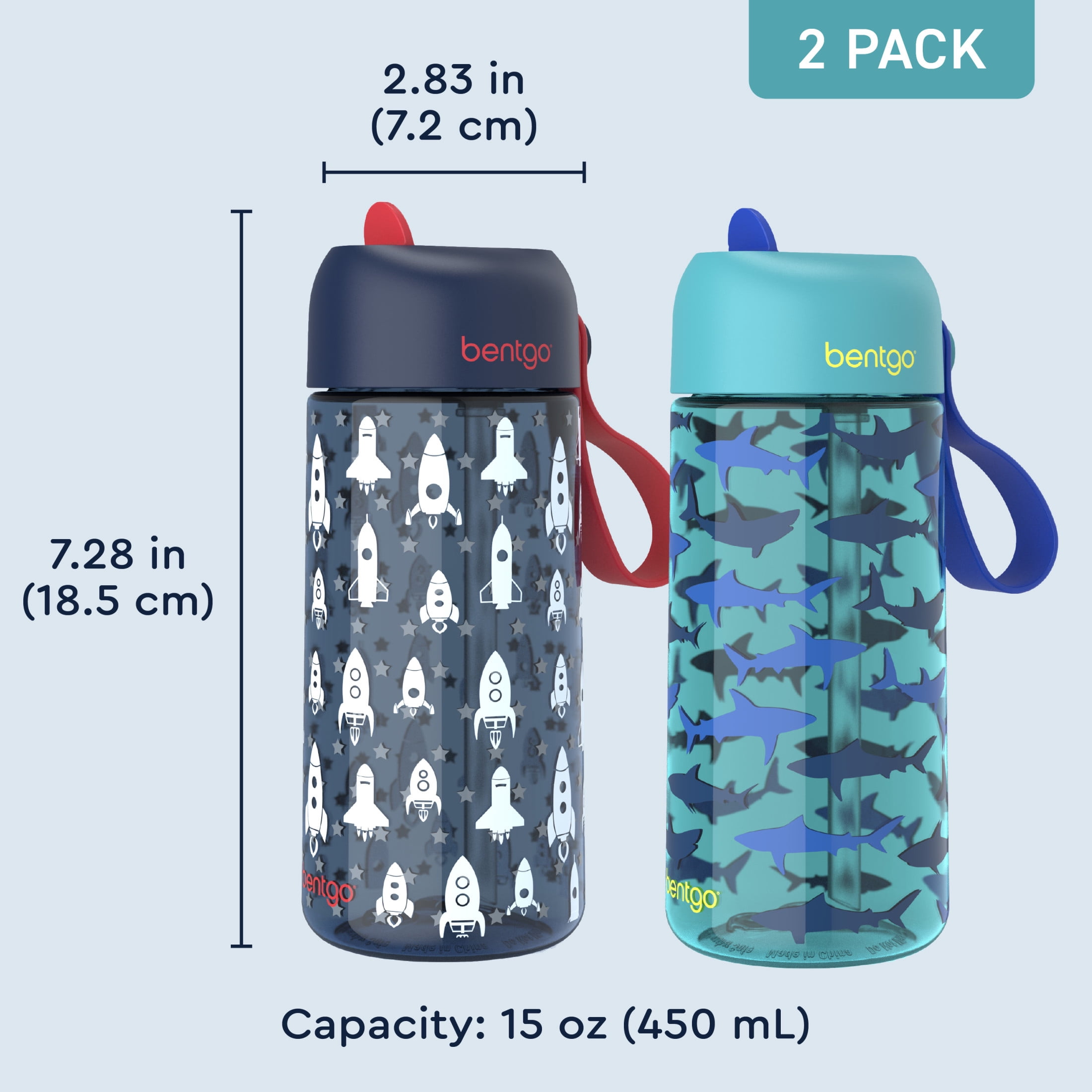 Bentgo Kids Water Bottle 2-Pack - Leak-Proof, Durable Tritan, BPA-Free 15 oz. Cup for Kids/Toddlers Ages 3+, Safe Sip Spout, & Dishwasher Safe for School/Sports/Daycare/Camp (Rocket/Shark)