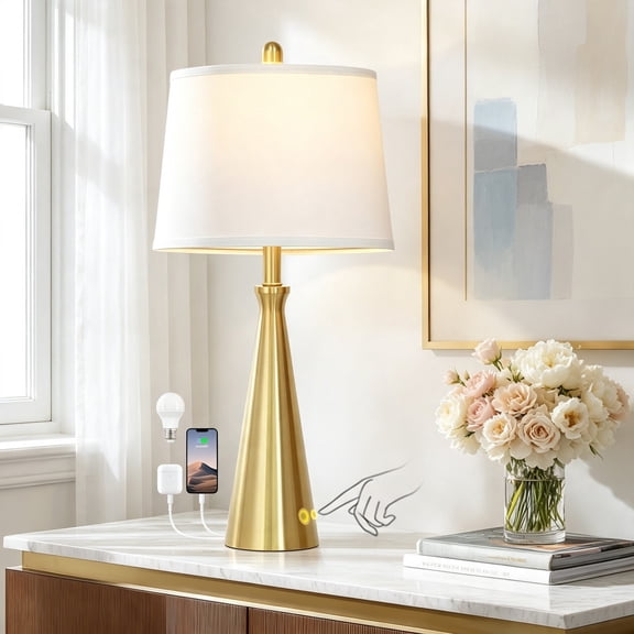 Lolikit Modern Gold Table Lamp for Bedroom Living Room 28" Touch Control 3-Way Dimmable Single Bedside Lamp with USB C A Ports,Bulb Included,One Pack