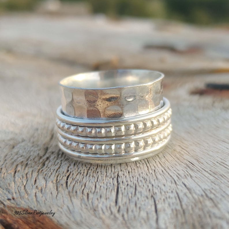 TRIDHA SILVER- Silver Fidget Spinner Ring - Wide Hammered Sterling Band With Textured Rope Meditation Design For Anxiety Relief & Unisex Minimalist Jewelry