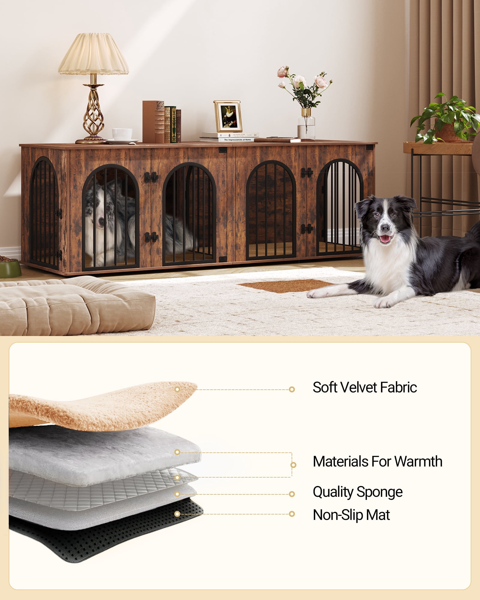 Dog Crate Furniture, 71" Heavy Duty Dog Kennels with Divider, Pads, Side Table, TV Cabinet