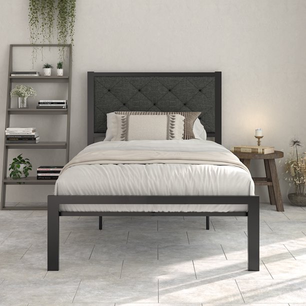 Allewie Twin Size Metal Platform Bed frame with Tufted Diamond Stitched