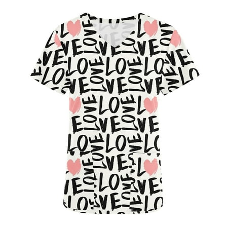 

Short Sleeve Clothes V Neck Graphic Work Office Scrub Uniform Valentine s Day for Ladies Top Fall Summer Womens with Pockets 8R