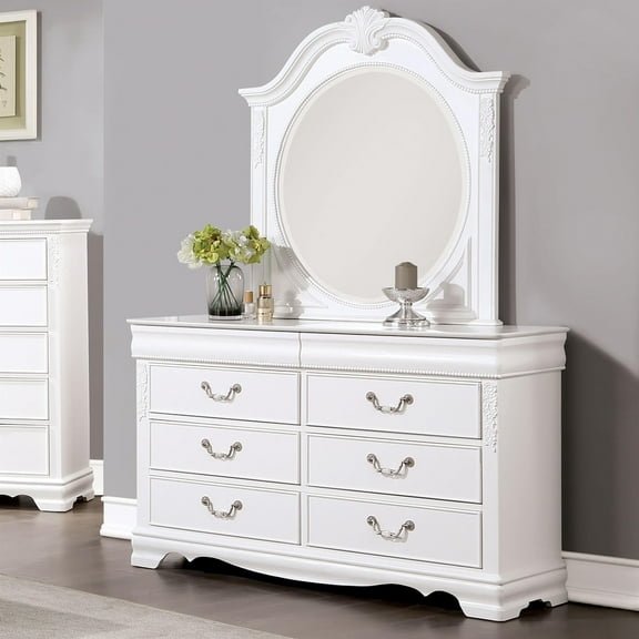 Furniture of America Heyd 6-Drawer Solid Wood Dresser with Mirror in White