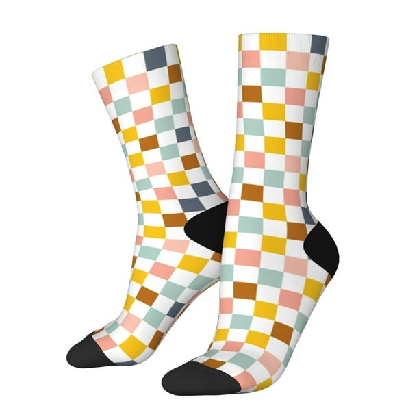 Fotbe Colorful Checkered 1 Calcetas Largas con Estampado para Hombre y Mujer – Calcetas de Compresión Transpirables y Elásticas, Viajar y Uso Diario Talla 5-11