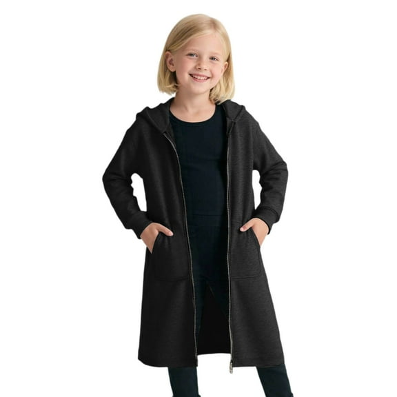 Kiijoy Toddler Girls Zip Up Long Jacket Outerwear Solid Casual Hoodie Coat, Sizes 3-4