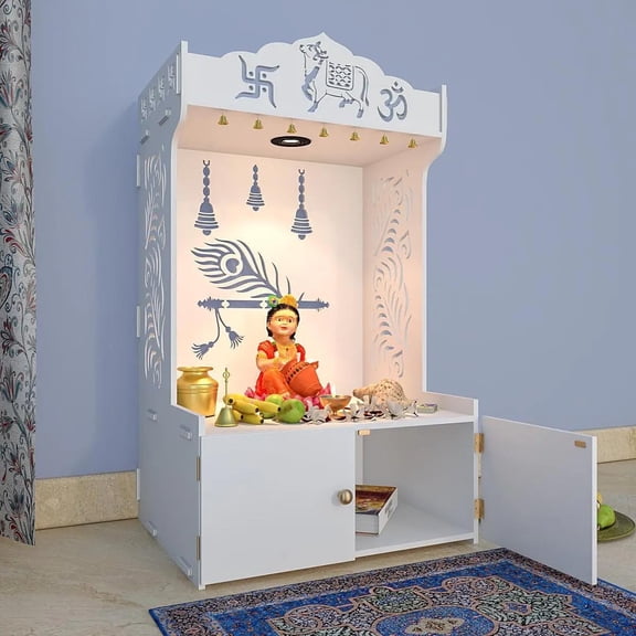 Mor pankh Wooden Floor Temple with Spacious Shelf inbuilt Focus Light White
