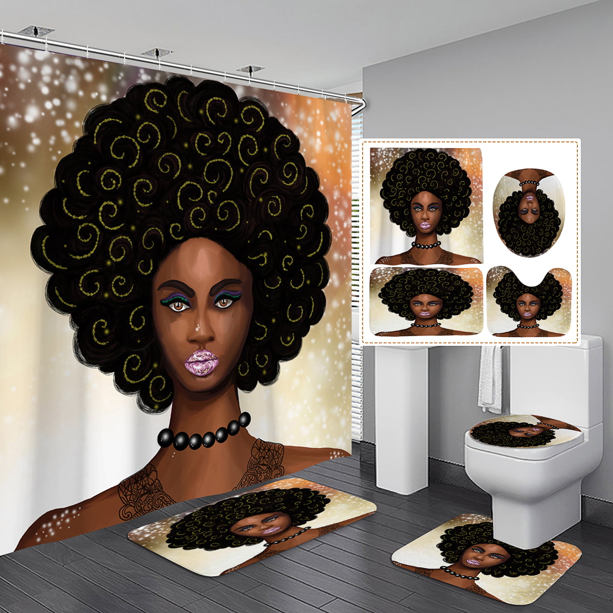 Afro African Makeup Girl 71X71" Bath Waterproof Fabric Shower Curtain Set Liner