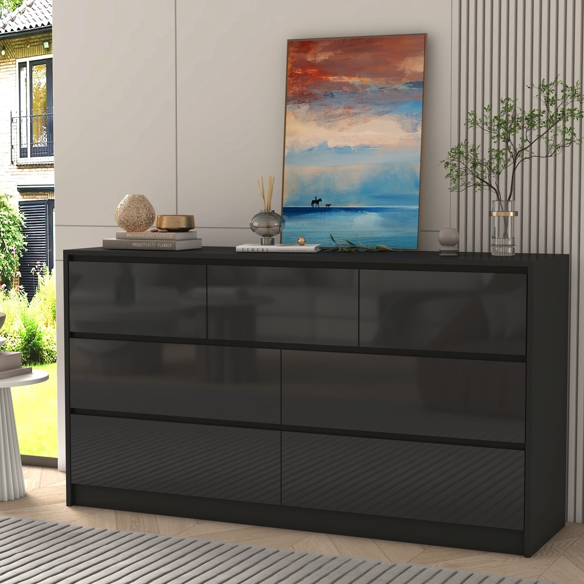 ChVans 7 Drawer Dresser for Bedroom, 55" Modern High Gloss Black Dresser with Wood Chest of Drawer Handle Free, Long Dresser for Bedroom, Living Room, Entryway, Hallway