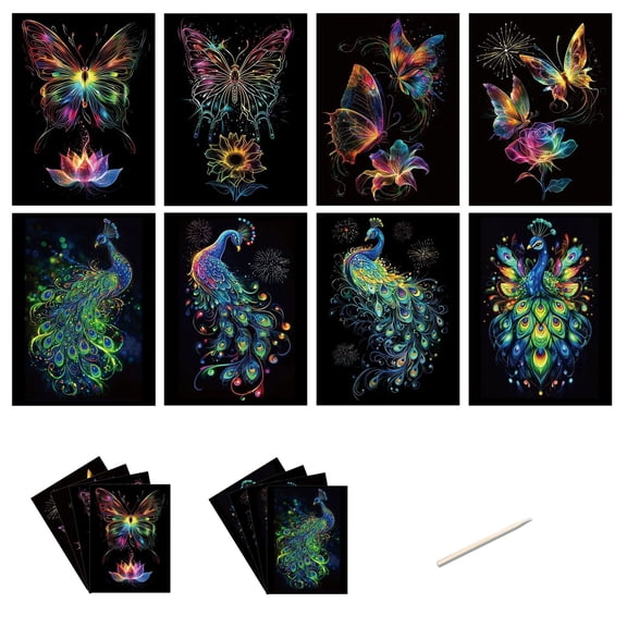 Luminous Rainbow Scratch Art Kit, Butterfly Peacock Patterns, Full Tools DIY Parent-Child Stress Relief Craft Gift