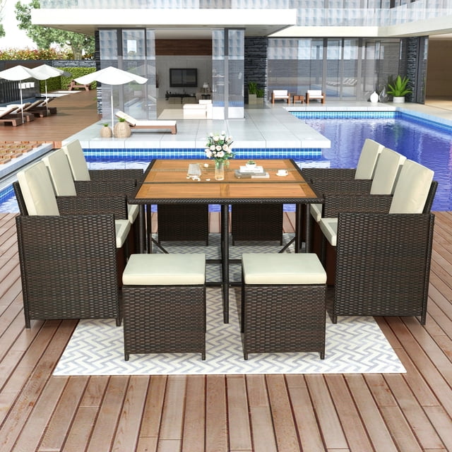 11-Piece Patio Furniture Set Patio All-Weather PE Wicker Dining Table Set with Wood Tabletop for 10 Brown Rattan+Beige Cushion My Lux Decor Round
