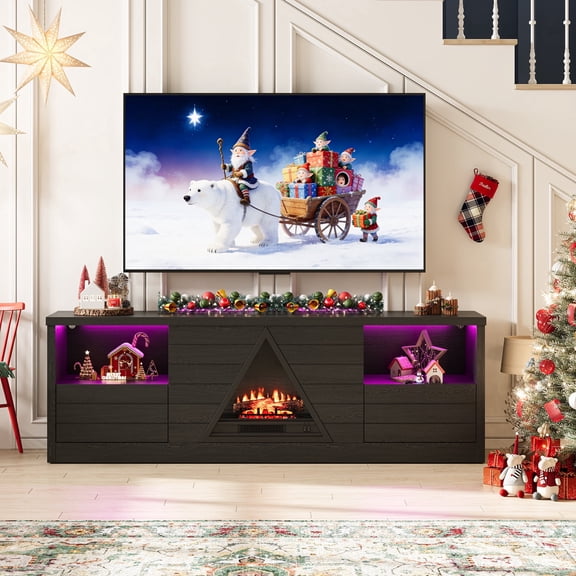 TV Stand for Living Room, 67" Fireplace TV Stand Fits TVs up to 75", Modern Media Console & Entertainment Center with Open Shelves and Drawers, Black Electric Fireplace with LED Flame