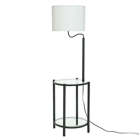 Mainstays Glass End Table Floor Lamp with White Shade, Matte Black, 17"L x 17"W x 54"H