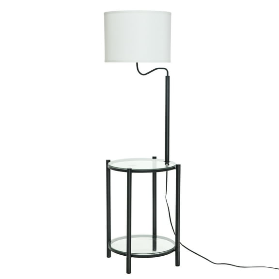 Mainstays Glass End Table Floor Lamp with White Shade, Matte Black, 17"L x 17"W x 54"H