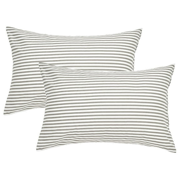 Cotton Striped Pillowcases Set of 2, Standard Size 20x30 Inch 100% Natural Cotton Pillow Covers, Envelope Closure Bed Pillow Cases for Guest Room, Hotel, Home Bedroom, White and Grey