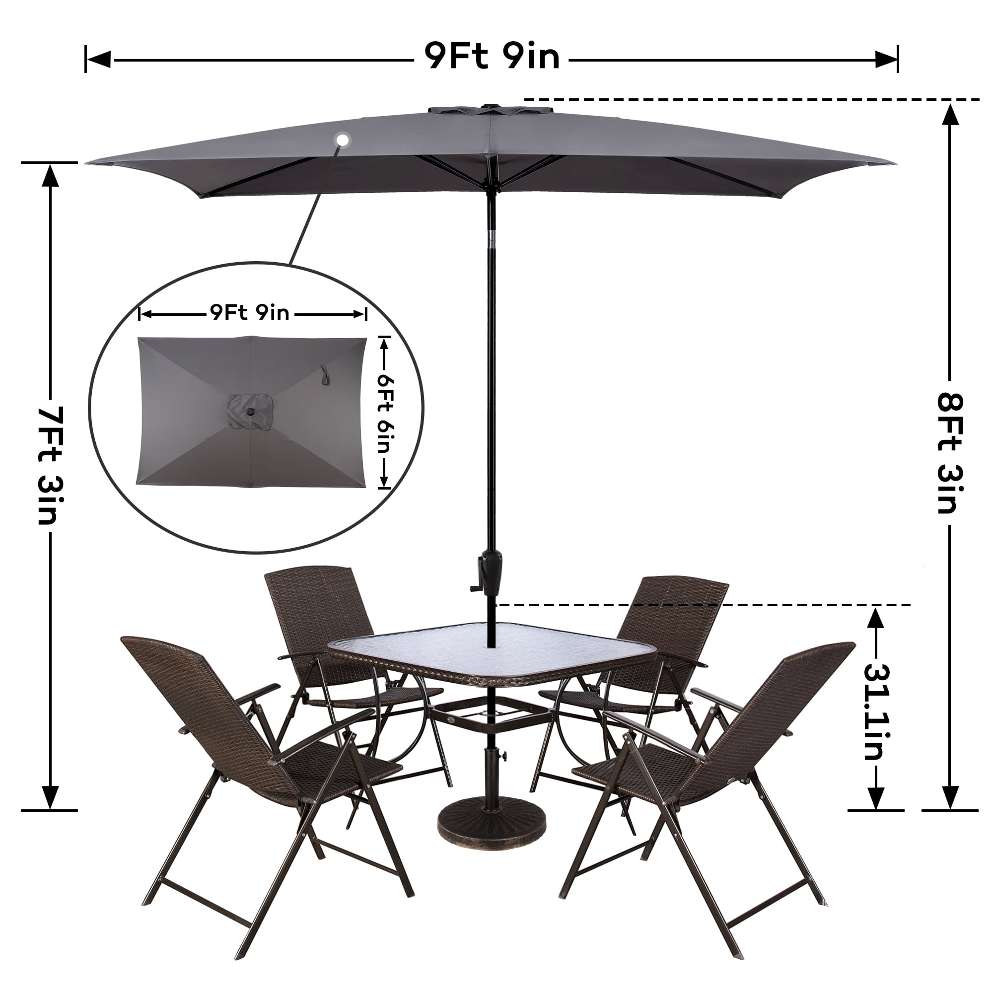 Sun-Ray 6.6x10 FT Rectangular Patio Umbrella with Push-Button Tilt and Hand Crank Canopy Lift, Table Umbrella with Solution Dyed Navy Fabric for Porch, Deck, Garden, and Swimming Pool, Grey